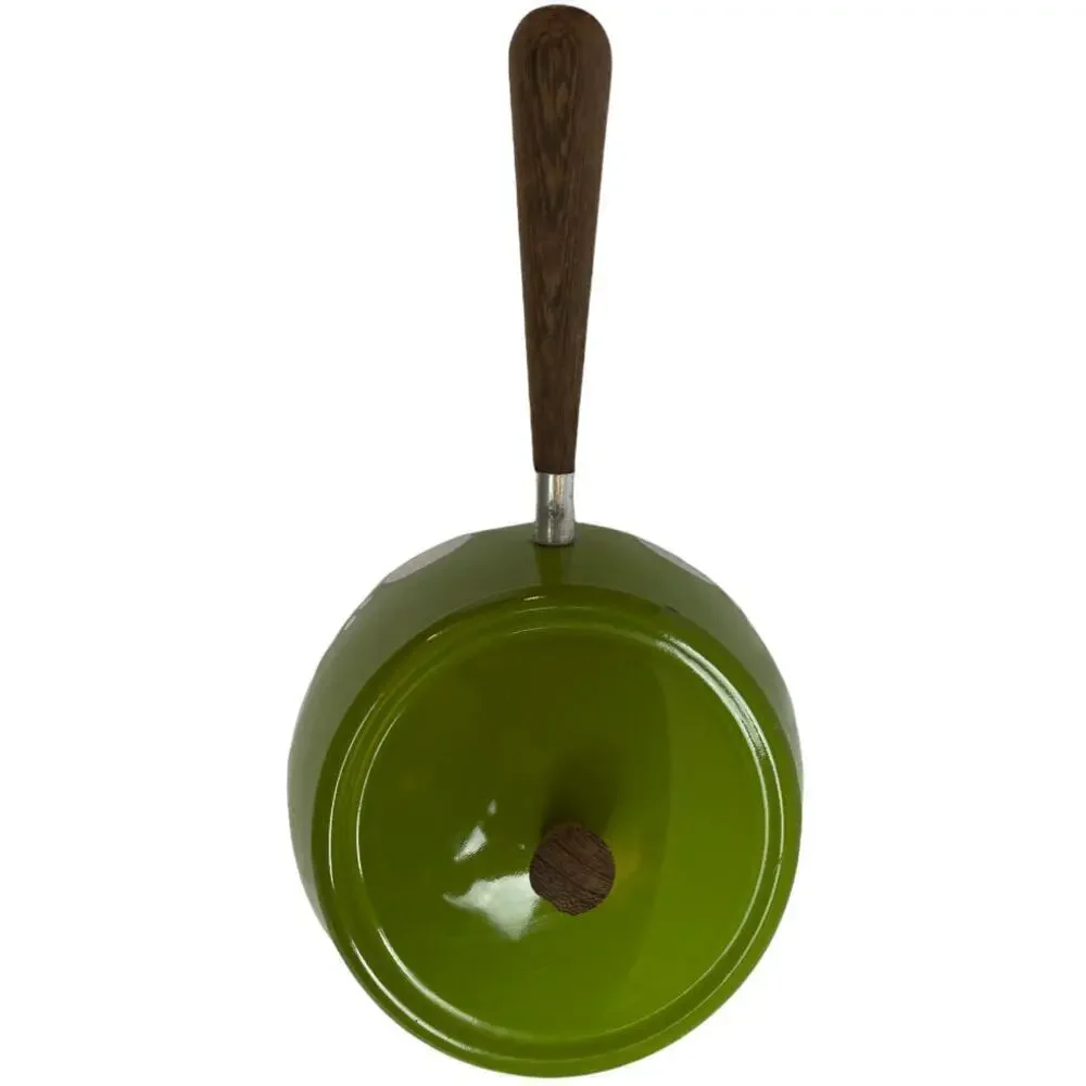 Mid Century Modern Green Circle Enamel Fondue Sauce Pot with Wood Handle & Lid